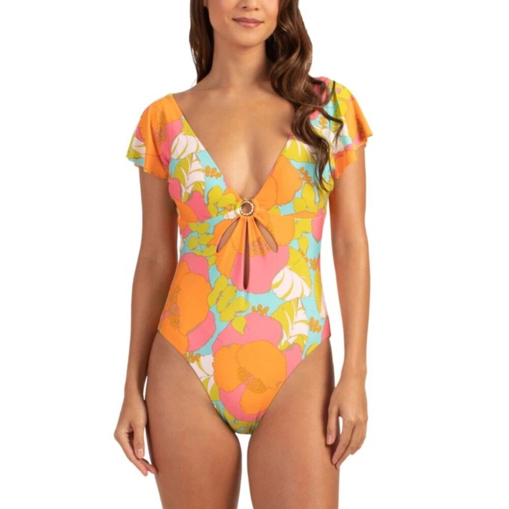NEW Colorful Sz 14 Flutter Sleeves PLAYA DE FLOR Lined 1 Pc Swimsuit TRINA TURK
